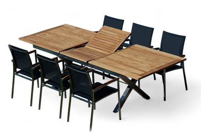 Gartengarnitur Edelstahl Teak Set: Ausziehtisch 200-260x100 cm + 6 Sessel Kuba