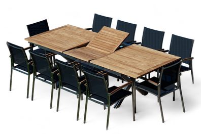 Gartengarnitur Edelstahl Teak Set: Ausziehtisch 200-260x100 cm + 10 Sessel Kuba