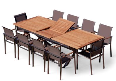 Gartengarnitur Edelstahl Teak Set: Ausziehtisch 200-260x100 cm + 10 Sessel Kuba