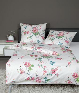 Janine Moments Mako-Satin Bettwäsche 155x220 Blüten Rispen grün rosa 98050-1