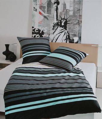 Janine Satin 1B-Bettwäsche 155x220 Streifen schwarz mint 99121-08