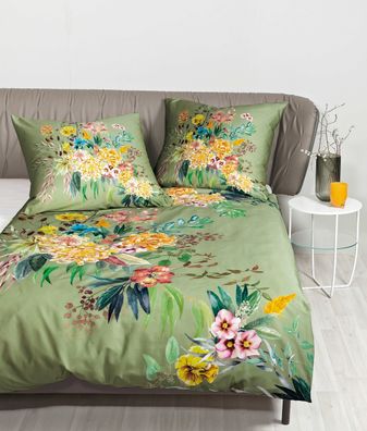 Janine Modern Art Mako-Satin Bettwäsche 155x220 Blumen Blätter grün 42121-06