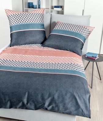 Janine Moments Mako-Satin Bettwäsche 200x220 Vintage blau koralle 98048-02