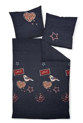 Janine Feinbiber Bettwäsche Davos 155x220 Herzen Sterne Love blau 65037-02