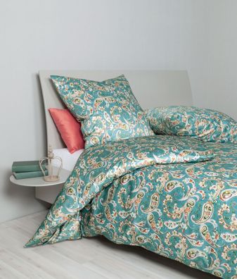 Janine Moments Mako-Satin Bettwäsche 135x200 Paisley rauchblau rost 98088-02