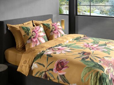 Heckett & Lane Mako-Satin Bettwäsche 155x220 Sara Yellow Passionsblume Blüten