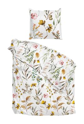 Zo! Home Flanell Bettwäsche 155x220 Shae white Blumen Blätter grün gelb