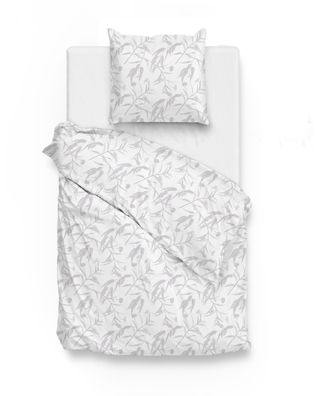 Zo! Home Mako-Satin Bettwäsche 135x200 Fiori di Satinado White Blätter silber