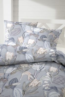 Primera Mako-Satin Bettwäsche 155x220 Blätter Blüten natur grau 243218-83