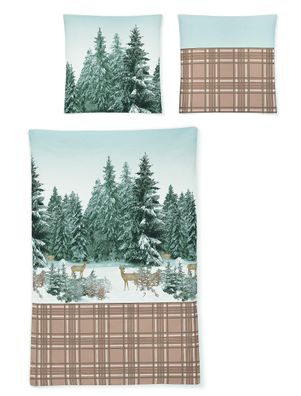 Irisette Feinbiber Bettwäsche Feel 135x200 cm Karo Bäume Rehe Winter 8537-80