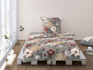 Irisette Feinbiber Bettwäsche Koala 155x220 Blumen rot puder grau 8408-60