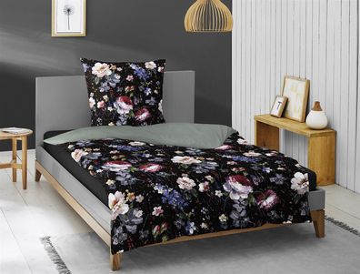 Irisette Opal Mako-Satin Bettwäsche 155x220 Rosen Wende schwarz grau 8817-99