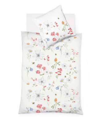 Fleuresse Mako-Satin Bettwäsche 135x200 Wiesenblumen Hummeln bunt weiß 113825-04