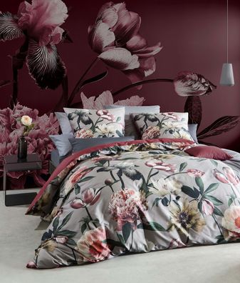 Fleuresse Mako-Satin Bettwäsche 155x220 Blüten Blätter Wende grau rot 114383-4