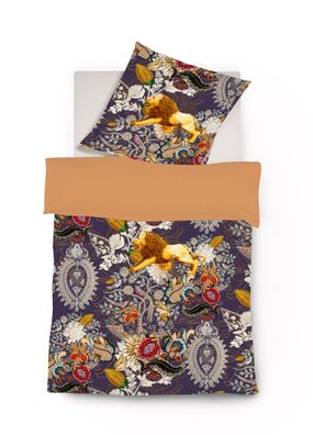 Fleuresse Mako-Satin Bettwäsche 135x200 Löwe Ornamente grau Wende gold 114378-6
