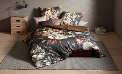 Fleuresse Mako-Satin Bettwäsche 155x220 Blüten Rosen grau braun Wende 114295-07