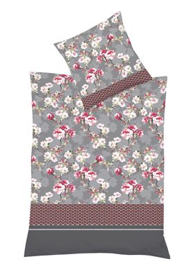 Fleuresse Aspen Biber Bettwäsche 155x220 Rosen Streifen rot grau 434288-07