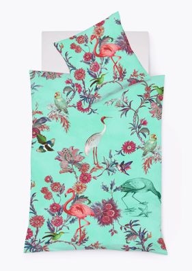 Fleuresse Mako-Satin Bettwäsche 135x200 Flamingo Vögel Tropik türkis 023513-19