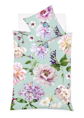 Fleuresse Mako-Satin Bettwäsche 155x220 Blüten Schmetterlinge mint 114275-05