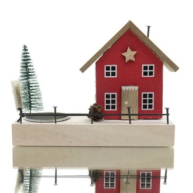 GASPER Weihnachtsdeko Haus Rot mit Baum & Kerzenhalter 15 x 12,5 cm - Holz