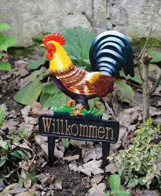 Gartenstecker Bodenstecker Beetstecker Hahn Willkommen Schild Garten antik-Stil