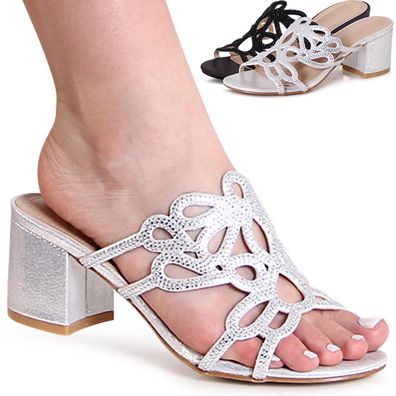 topschuhe24 3088 Damen Glitzer Pantoletten Sandalen