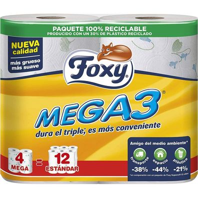 Foxy Mega3 Papel Higiénico Triple Duración 4 Rollos