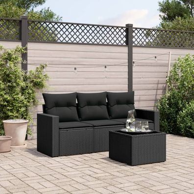 vidaXL 4-tlg. Garten-Sofagarnitur mit Kissen Schwarz Poly Rattan