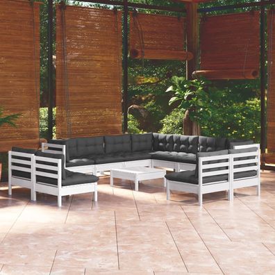 vidaXL 12-tlg. Garten-Lounge-Set mit Kissen Weiß Massivholz Kiefer