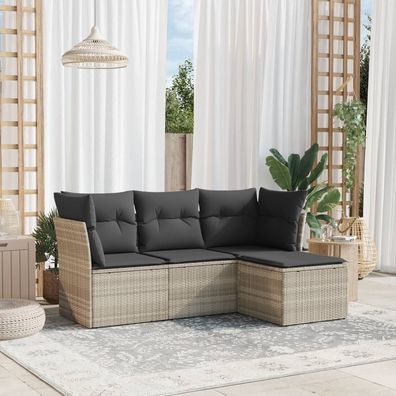 vidaXL 4-tlg. Garten-Sofagarnitur mit Kissen Hellgrau Poly Rattan