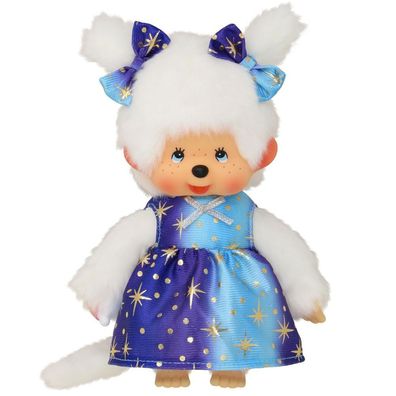 Mädchen im Sternenlicht-Kleid | 20 cm Monchhichi Puppe | zwei Zöpfchen