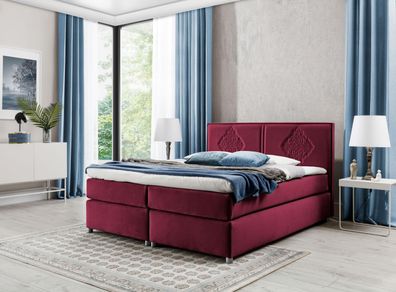 FURNIX Boxspringbett FOLKET 160x200 dekorativem Kopfteil Topper EV70815 Rot