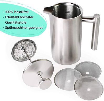 Kaffeebereiter, 304 Edelstahl, isolierte Kaffeepresse mit 2 extra Sieben, 1