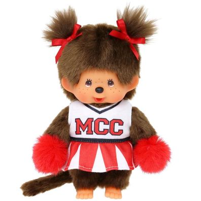 Mädchen im Cheerleader-Kleid | 20 cm Monchhichi Puppe | zwei Zöpfchen