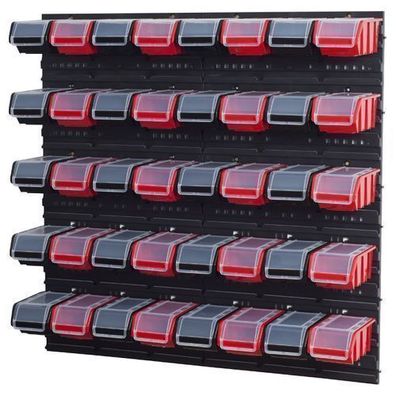 Stapelboxen Set 4 x Wandregal Lagersystem + 40 Boxen schwarz und rot