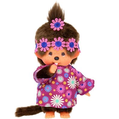 Hippie Mädchen im Kleid | 20 cm Monchhichi | Puppe mit einem Zöpfchen