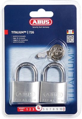 ABUS 2er Vorhangschlösser Titalium 726TI Schloss Gleichschließend Alu 40mm NEU