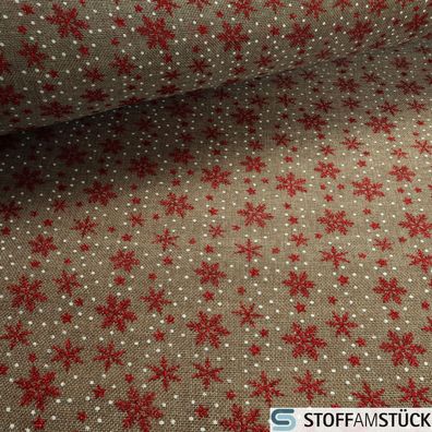 Stoff Weihnachtsstoff Polyester Jute Sruktur natur Stern rot Sackleinen