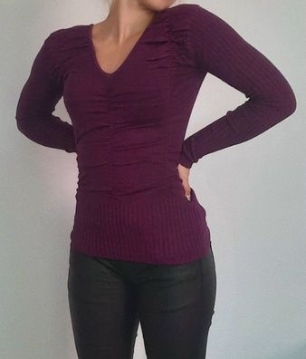 Sexy Miss Damen Feinstrick Pullover V Pulli Raffung lila S 34 M 36 L 38 XL 40