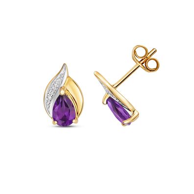 9 ct/Karat Gelb Gold Diamant Paar Ohrstecker Brillant-Schliff H - PK mit Amethyst