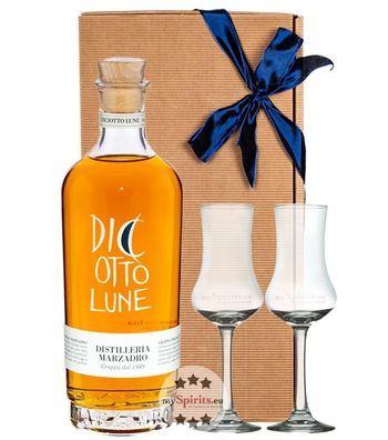 Marzadro Geschenk-Set Grappa Stravecchia Le Diciotto Lune + 2 Gläser (41 % vol., 0,7
