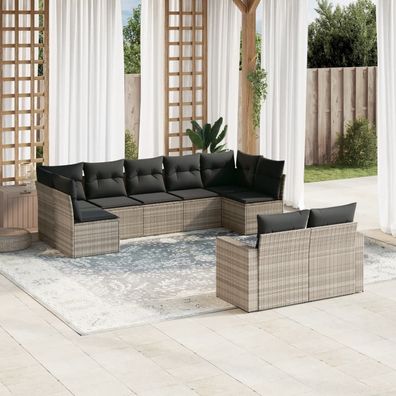 vidaXL 9-tlg. Garten-Sofagarnitur mit Kissen Hellgrau Poly Rattan