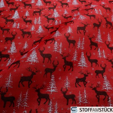 Stoff Weihnachtsstoff Polyester Jute Sruktur rot Hirsch Rentier Sackleinen