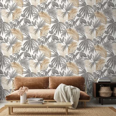 DUTCH Wallcoverings Tapete Palmen-Motiv Grau und Beige