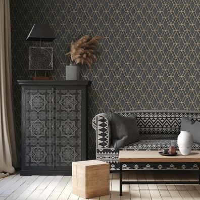 DUTCH Wallcoverings Tapete Sechseckmuster Schwarz und Golden