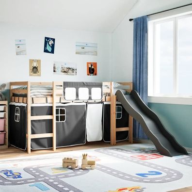 vidaXL Kinderhochbett mit Vorhängen Weiß Schwarz 90x200 cm Kiefernholz