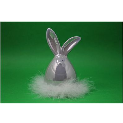 Hase als Osterei grau aus Porzellan mit weißem Federnkranz 13cm hoch