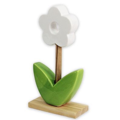 Blume aus Porzellan auf Holzsockel mit weißer Blume 11x5x21cm