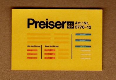 Preiser H0 1:87 Decals Aufkleber Nr.0776-12 Irmer + Elze Feuerwehr NEU Unbenutzt