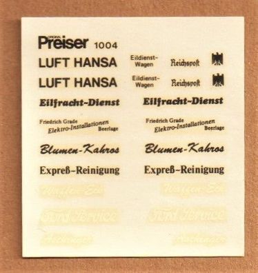 Preiser H0 Decals Naßschiebebilder 1004 für Ford Lieferwagen Lufthansa Reichspost